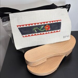 Needlepoint Sandals kit with wooden soles and clear carrying bag